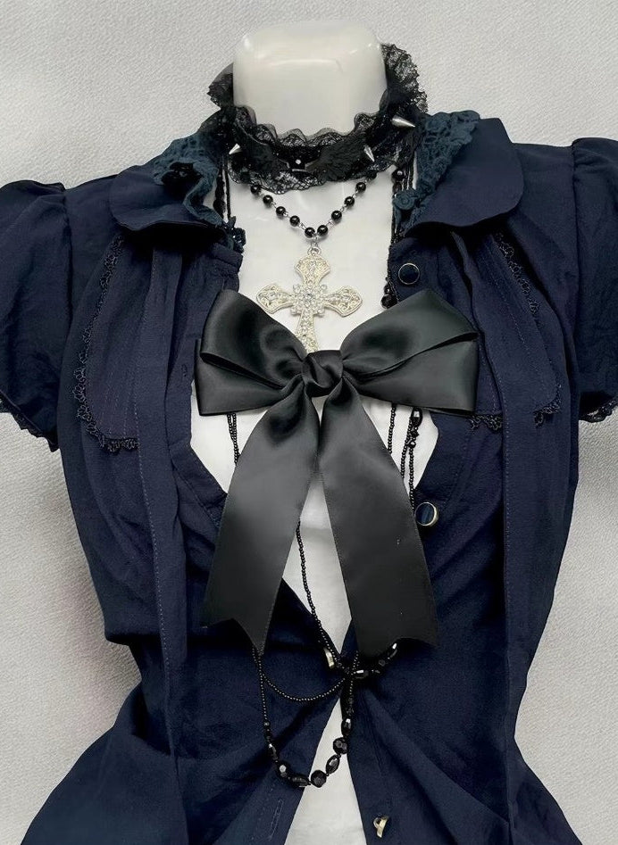 Navy cardigan bow and lace detail